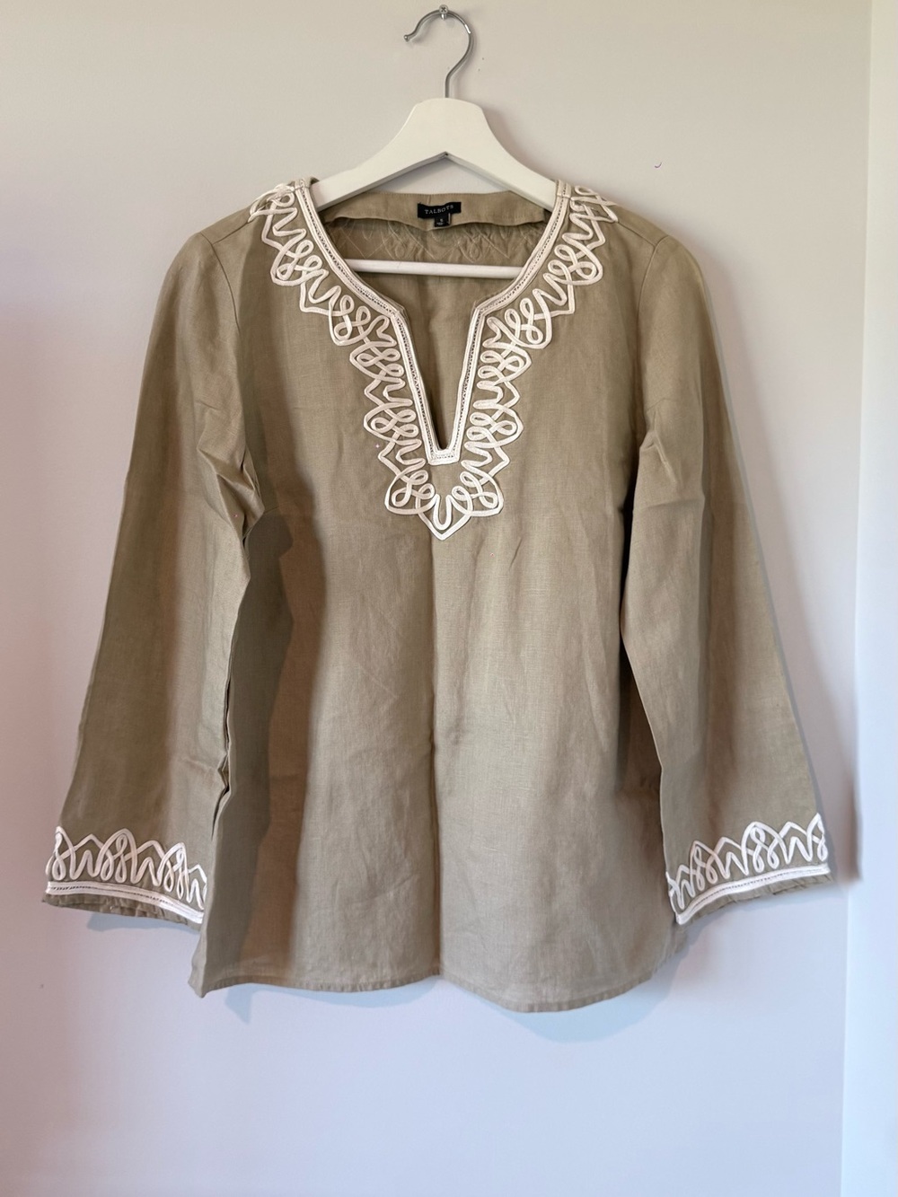 TALBOTS EMBROIDERED LINEN TOP BEIGE VACATION TRAVEL SUMMER COCKTAIL WOMEN S
